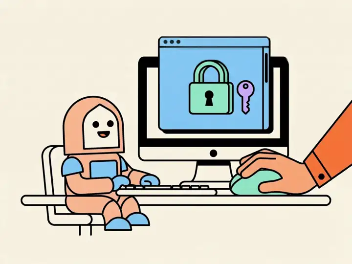 A bot at its own computer while a person takes over the mouse to sign in.